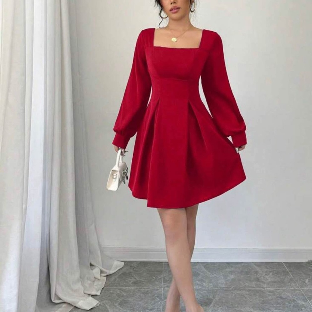 SHEIN Red A-Line Dress with Bishop Sleeves and Square Neck